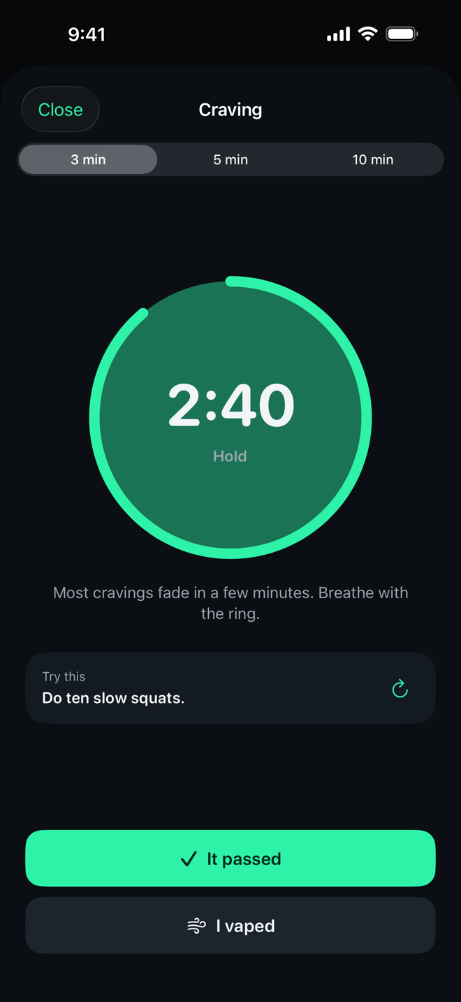 Three-minute breathing timer for a craving in Puff Drop
